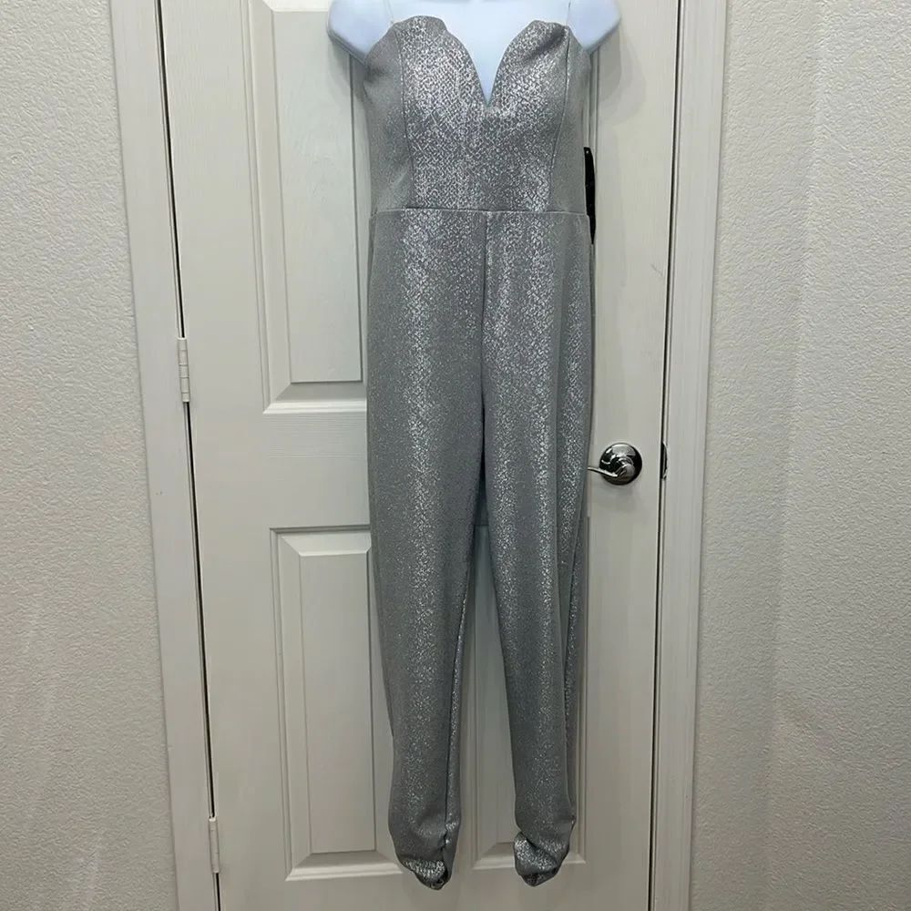 Trixxi Clothing Company Pantsuit Gray Silver Metallic Large Strapless Sexy Eveni